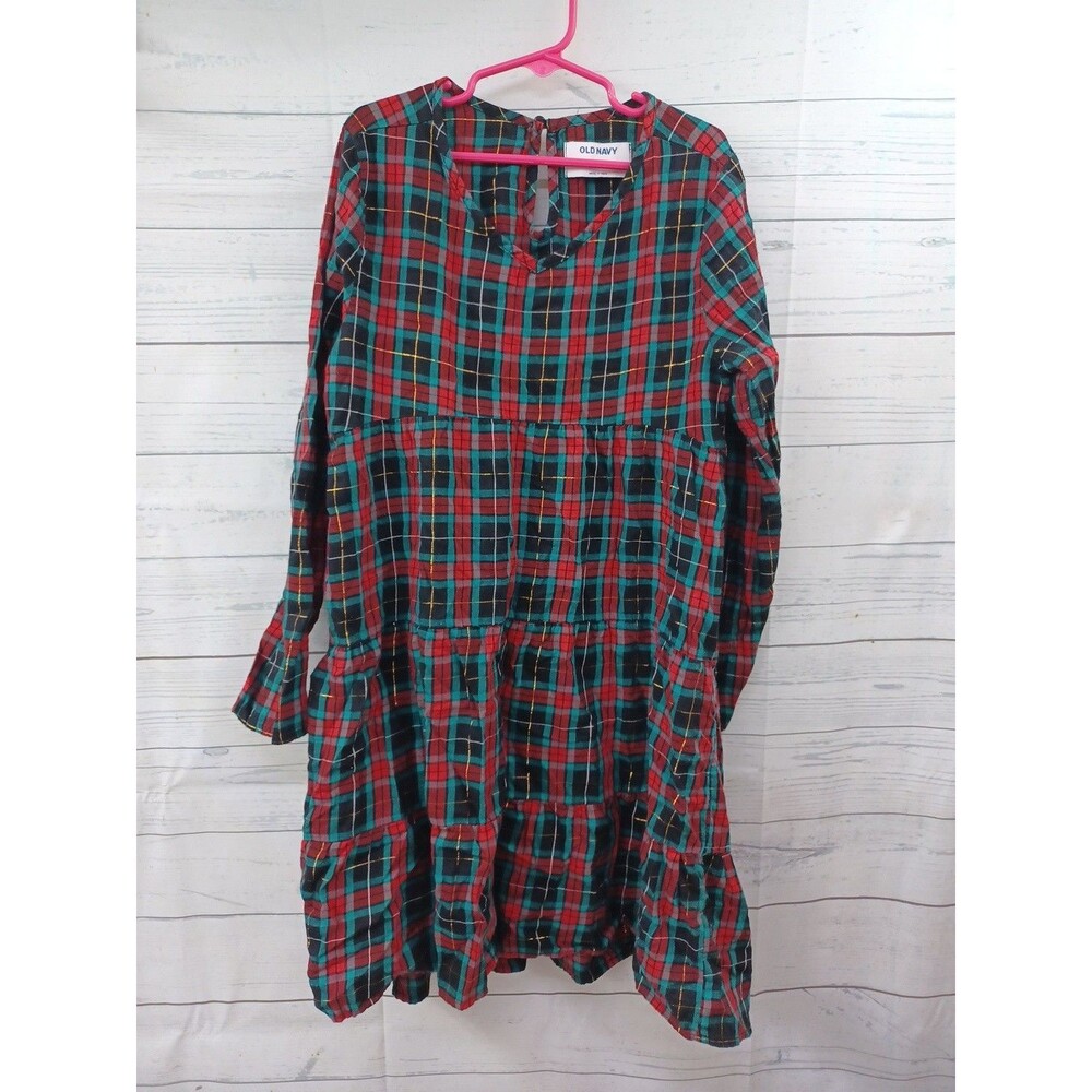 Old Navy Girl Dress Sz 10-12 Tiered Red Green Plaid Long Sleeve